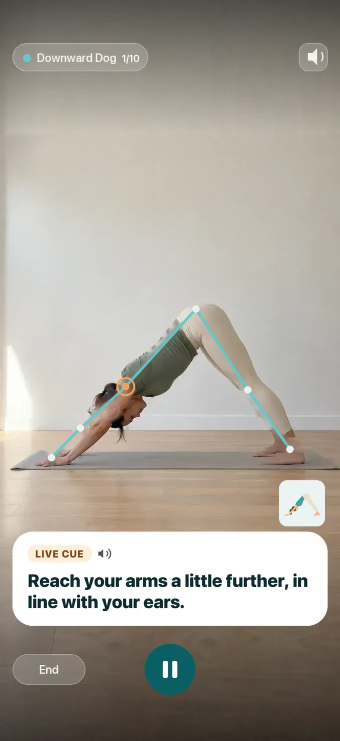 Posewise camera view showing a Downward Dog pose with live pose analysis